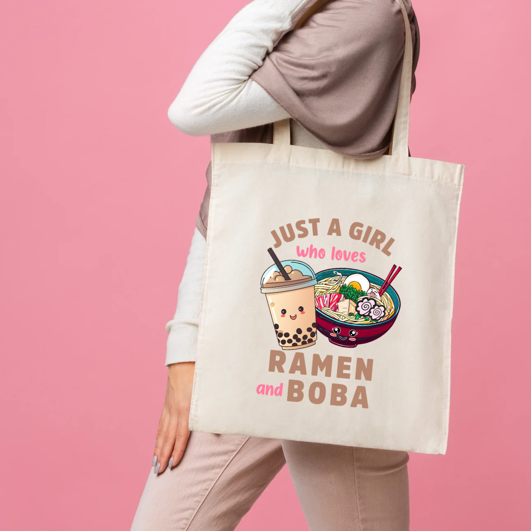 Tote Bag Ramen and Boba Lover Just a Girl Who Loves Ramen and Boba Kawaii Carryall Bookbag