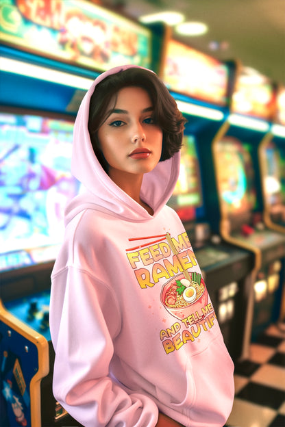 Super Soft Pink Hoodie - “Feed Me Ramen and Tell Me I’m Beautiful” Kawaii Design