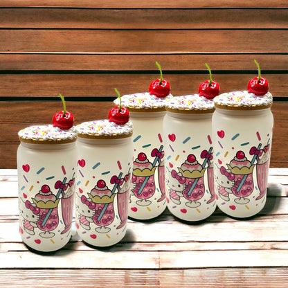 Bulk Set Glass Tumbler Kawaii Kitty and Friends Ice Cream 16 oz Iced Coffee Cup Tumbler with Decorated Lid Club Party Birthday Gift Bag Cup - The Deco Den