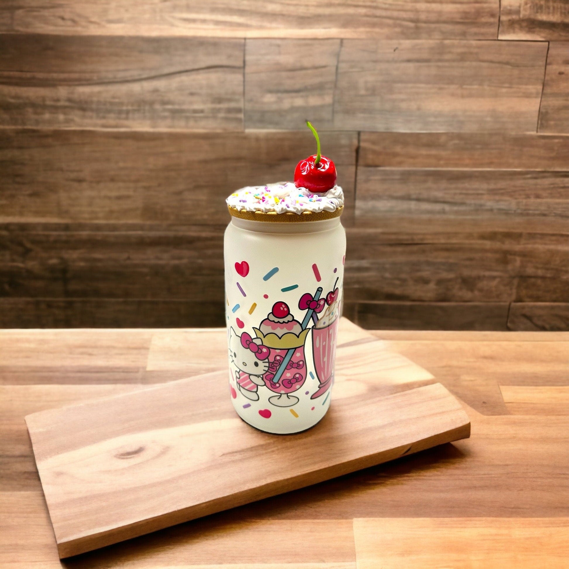 Bulk Set Glass Tumbler Kawaii Kitty and Friends Ice Cream 16 oz Iced Coffee Cup Tumbler with Decorated Lid Club Party Birthday Gift Bag Cup - The Deco Den