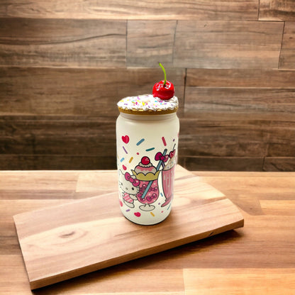 Bulk Set Glass Tumbler Kawaii Kitty and Friends Ice Cream 16 oz Iced Coffee Cup Tumbler with Decorated Lid Club Party Birthday Gift Bag Cup - The Deco Den