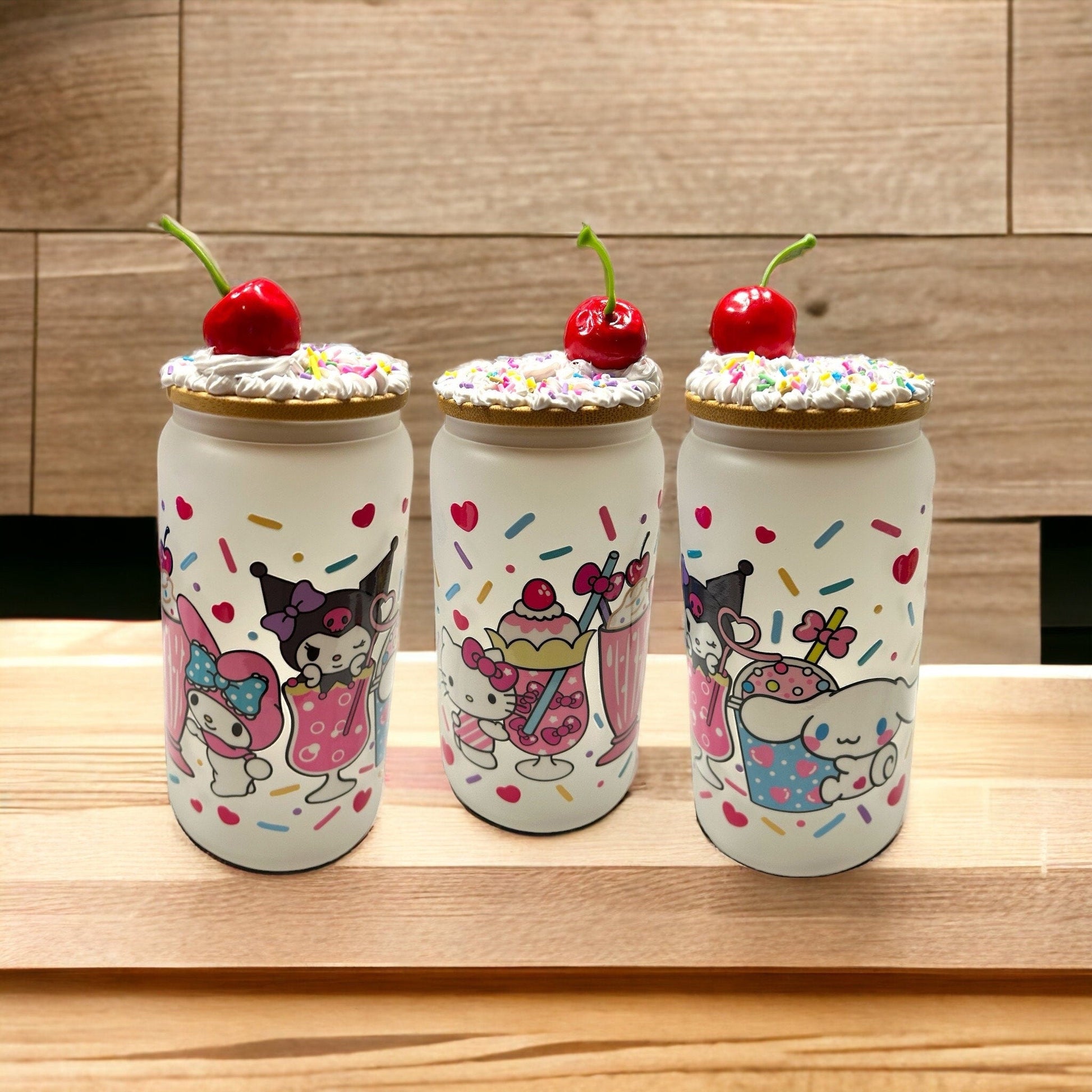 Bulk Set Glass Tumbler Kawaii Kitty and Friends Ice Cream 16 oz Iced Coffee Cup Tumbler with Decorated Lid Club Party Birthday Gift Bag Cup - The Deco Den