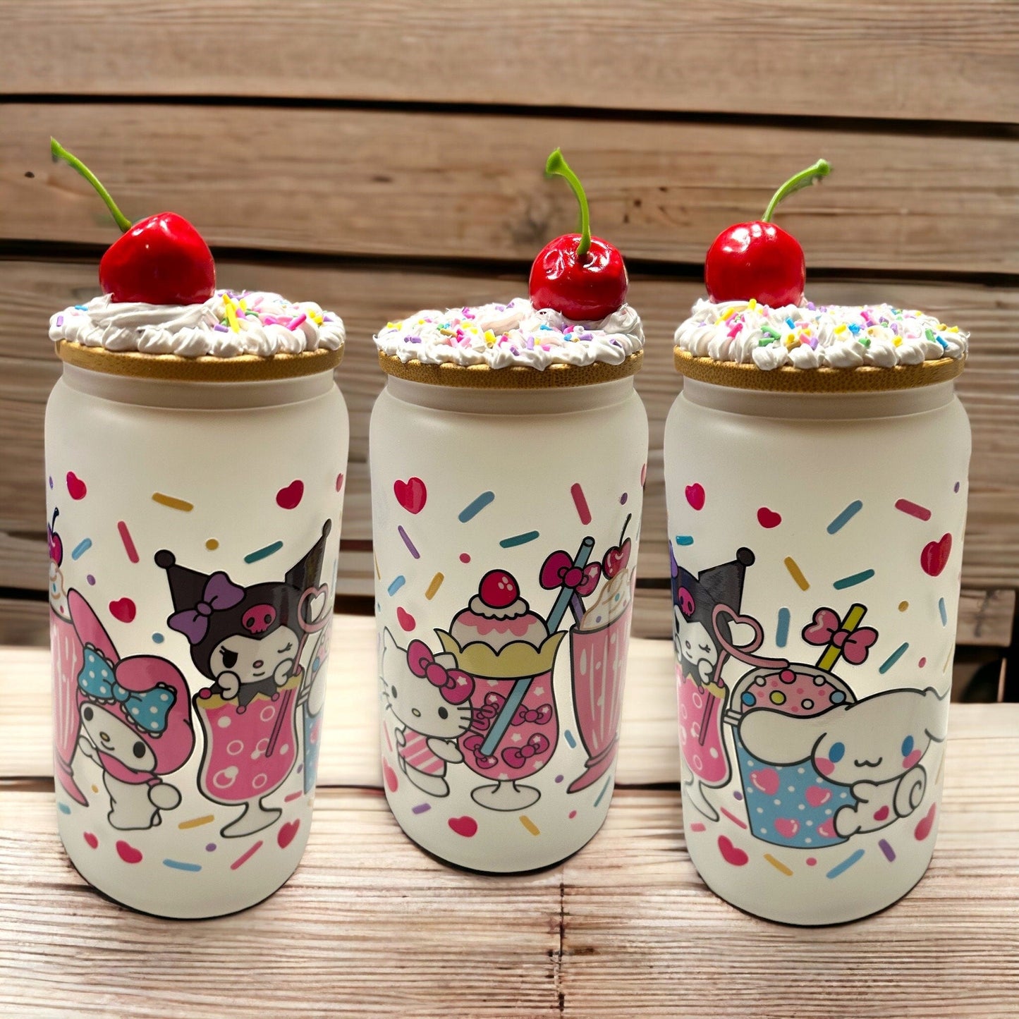 Bulk Set Glass Tumbler Kawaii Kitty and Friends Ice Cream 16 oz Iced Coffee Cup Tumbler with Decorated Lid Club Party Birthday Gift Bag Cup - The Deco Den