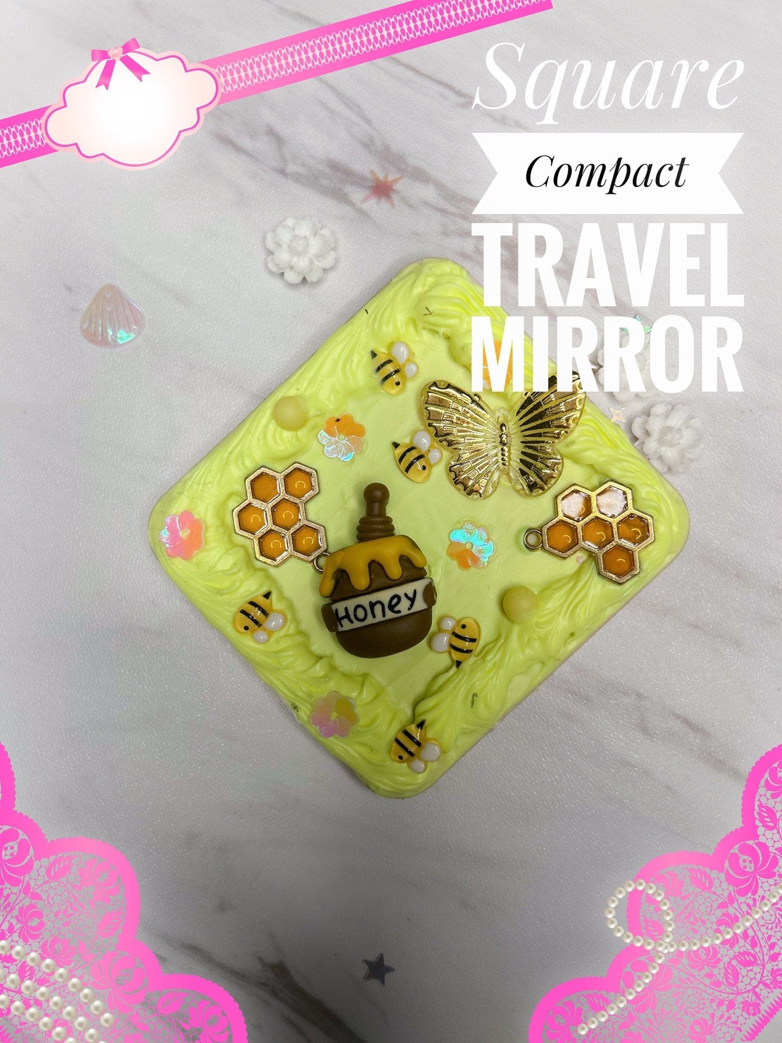 Compact Mirror Pocket Kawaii Mirror Travel Square Compact Decoden Travel Mirror Unique Travel Accessory Gift for Her Birthday Gift for Girl - The Deco Den