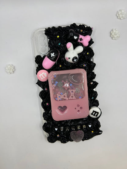 Custom iPhone Gamer-Themed Case, Pink Custom Snow Globe Shaker in Black Fake Cream Case | Decoden Phone Case, Kawaii Decoden Phone Case - The Deco Den