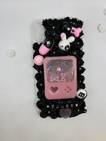 Custom iPhone Gamer-Themed Case, Pink Custom Snow Globe Shaker in Black Fake Cream Case | Decoden Phone Case, Kawaii Decoden Phone Case - The Deco Den