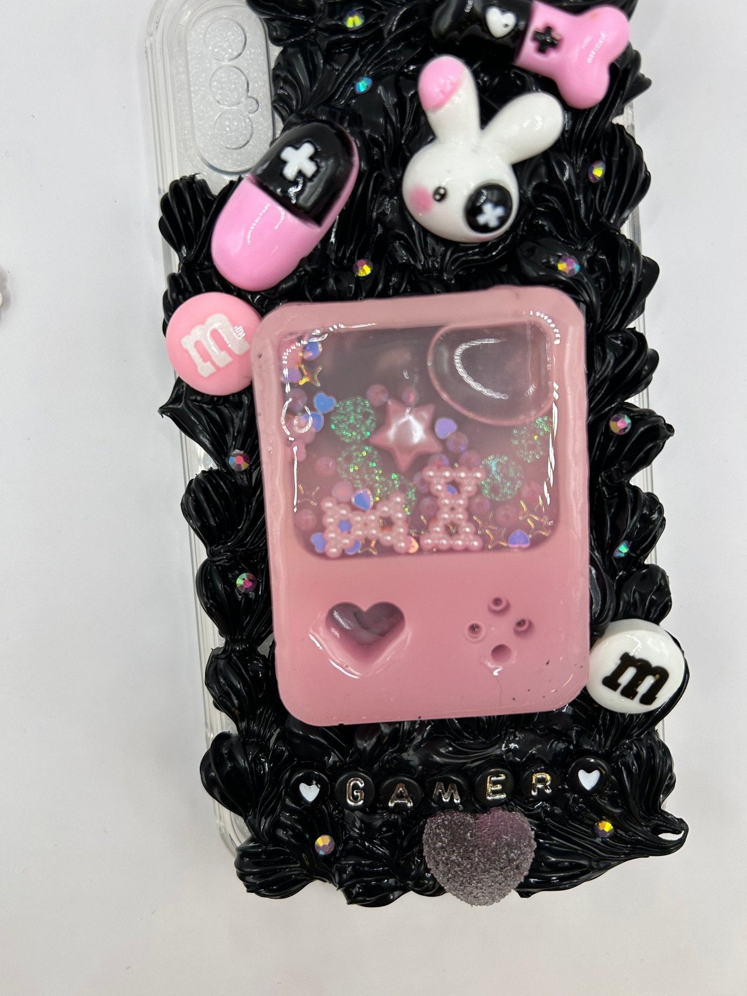 Custom iPhone Gamer-Themed Case, Pink Custom Snow Globe Shaker in Black Fake Cream Case | Decoden Phone Case, Kawaii Decoden Phone Case - The Deco Den