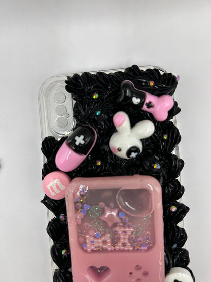 Custom iPhone Gamer-Themed Case, Pink Custom Snow Globe Shaker in Black Fake Cream Case | Decoden Phone Case, Kawaii Decoden Phone Case - The Deco Den