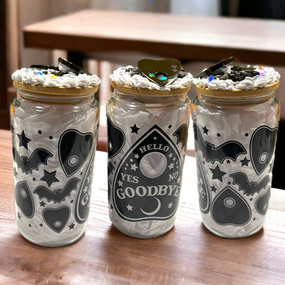 Gift Set 2 Glass Tumbler Goth Dark Iced Coffee Cup 16 oz Goth Ouija Glass Can with Decorated Bamboo Lid Reusable Straw - The Deco Den