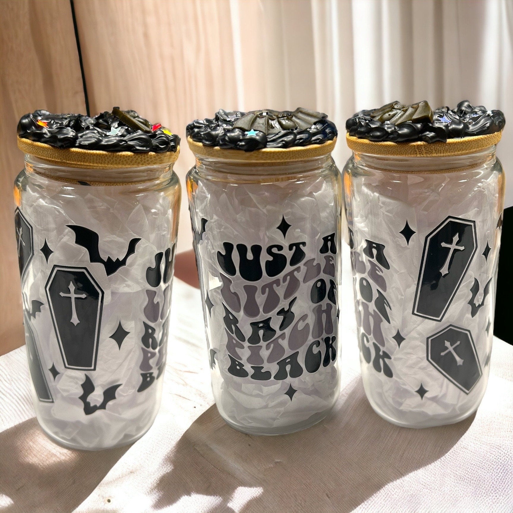 Gift Set 2 Glass Tumbler Goth Dark Iced Coffee Cup 16 oz Goth Ouija Glass Can with Decorated Bamboo Lid Reusable Straw - The Deco Den