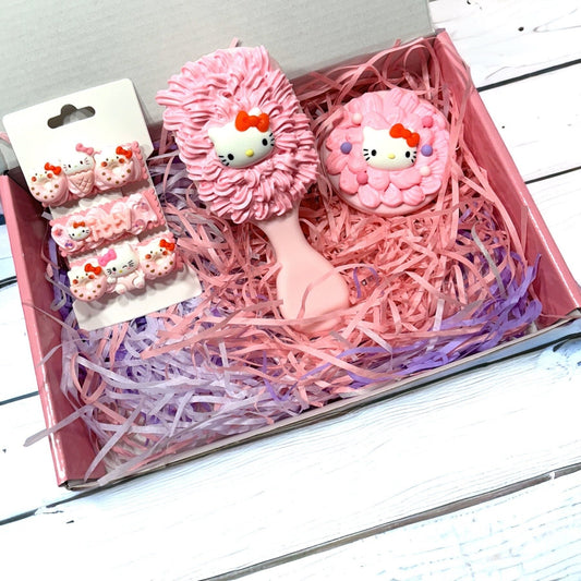 Gift Set Kawaii Kitty Hairbrush Mirror Barrette Set Decoden Gift Brush Kawaii Gift Set - The Deco Den