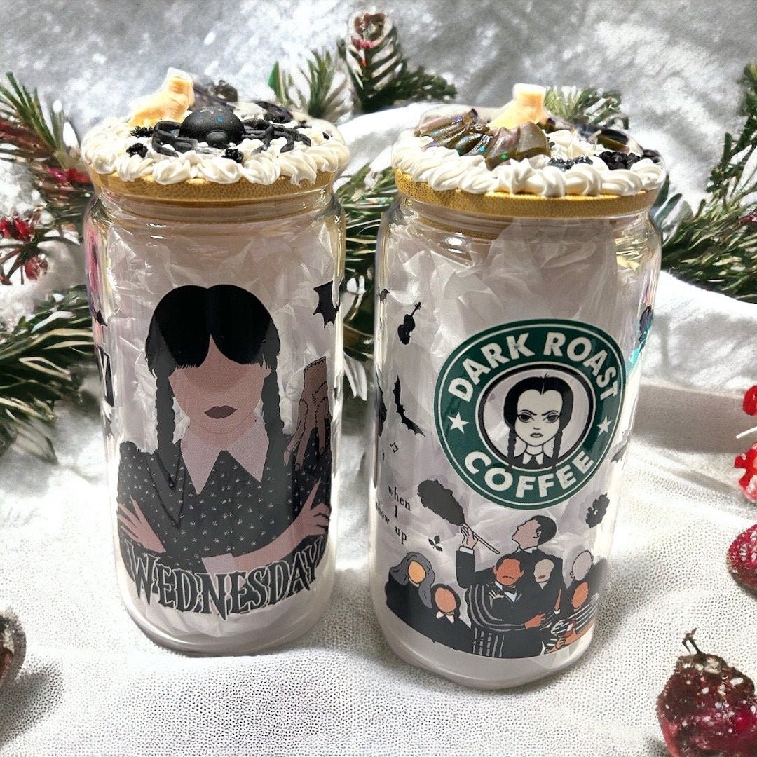 Gift Set of 2 Glass Can Tumbler Wednesday Frosted Iced Coffee Cup 16 oz Goth Glass Can with Decorated Bamboo Lid Unique Holiday Gift - The Deco Den