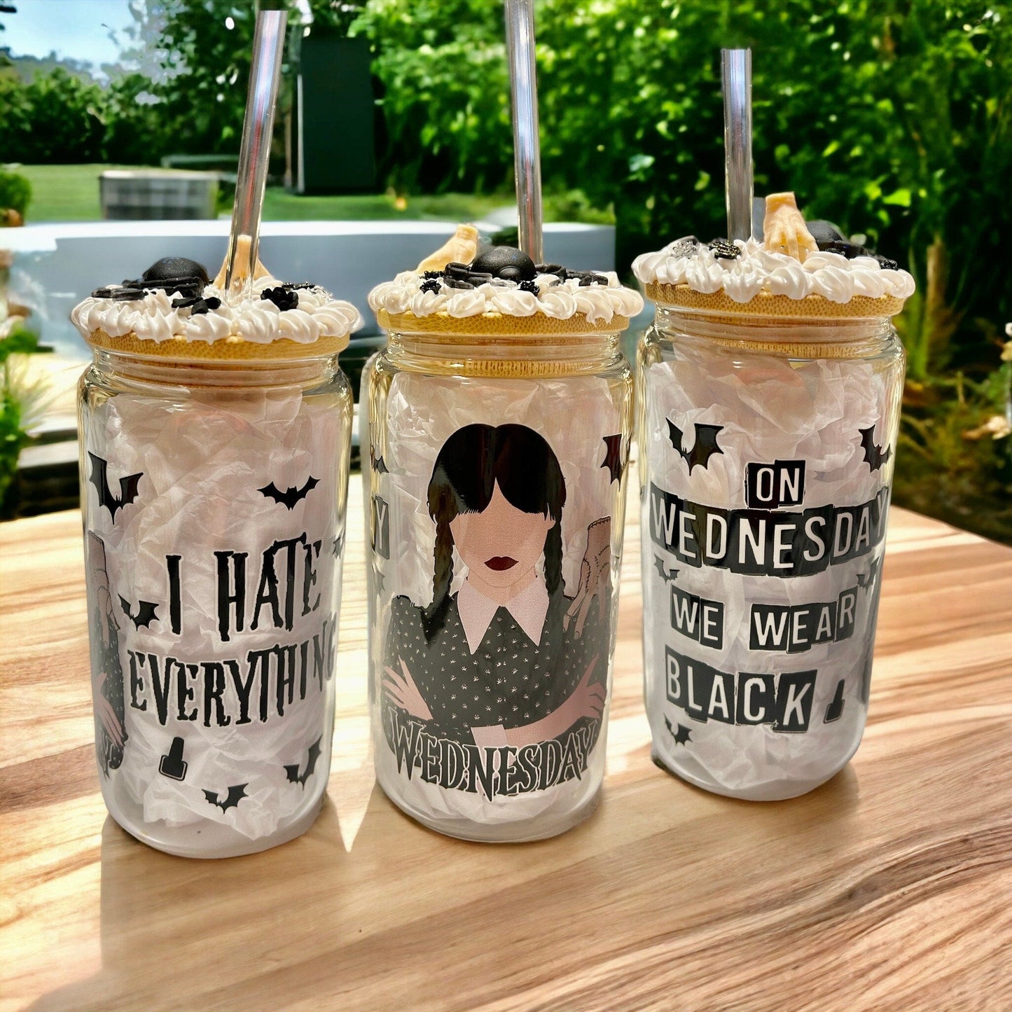 Gift Set of 2 Glass Can Tumbler Wednesday Frosted Iced Coffee Cup 16 oz Goth Glass Can with Decorated Bamboo Lid Unique Holiday Gift - The Deco Den