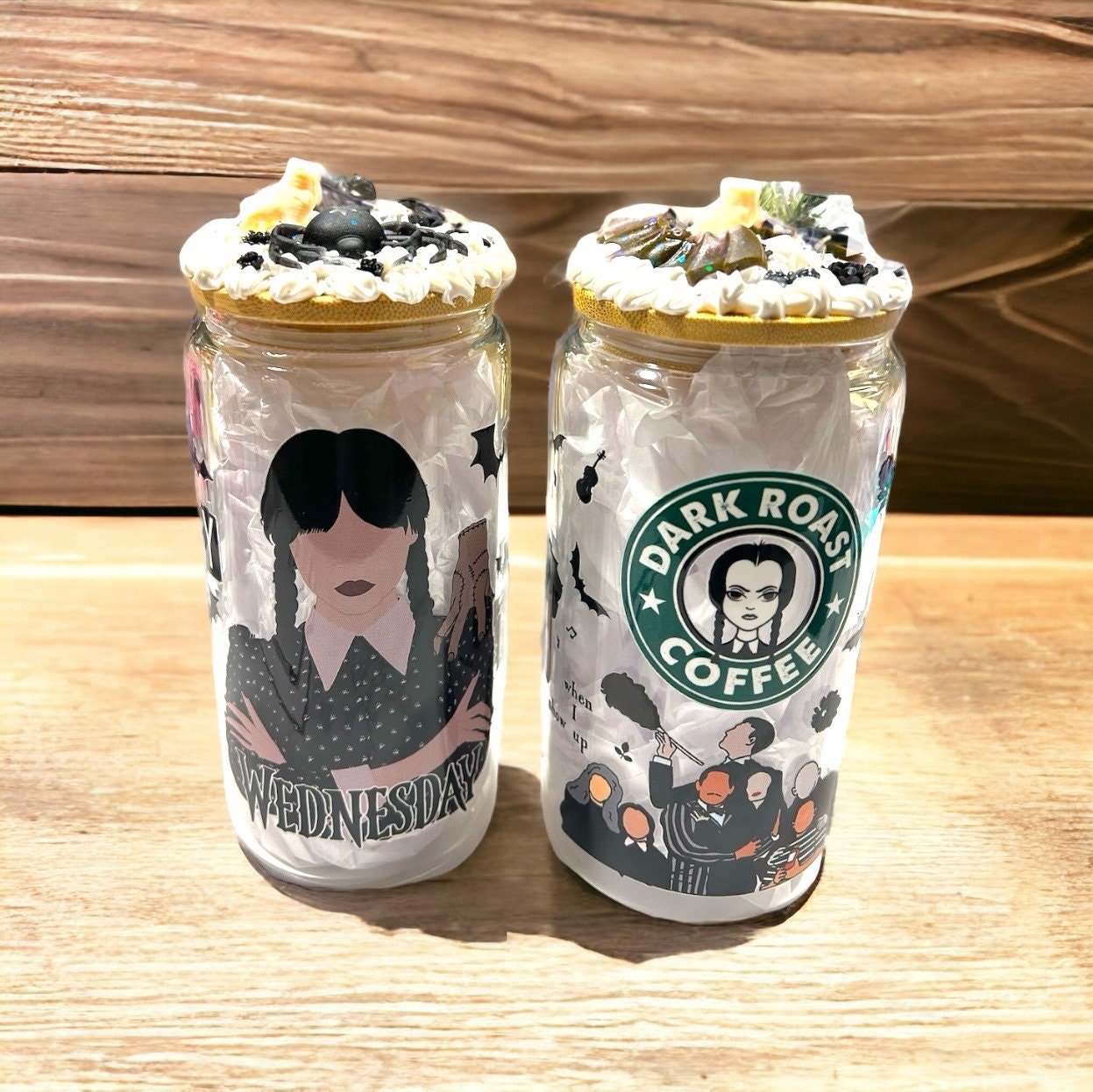 Gift Set of 2 Glass Can Tumbler Wednesday Frosted Iced Coffee Cup 16 oz Goth Glass Can with Decorated Bamboo Lid Unique Holiday Gift - The Deco Den