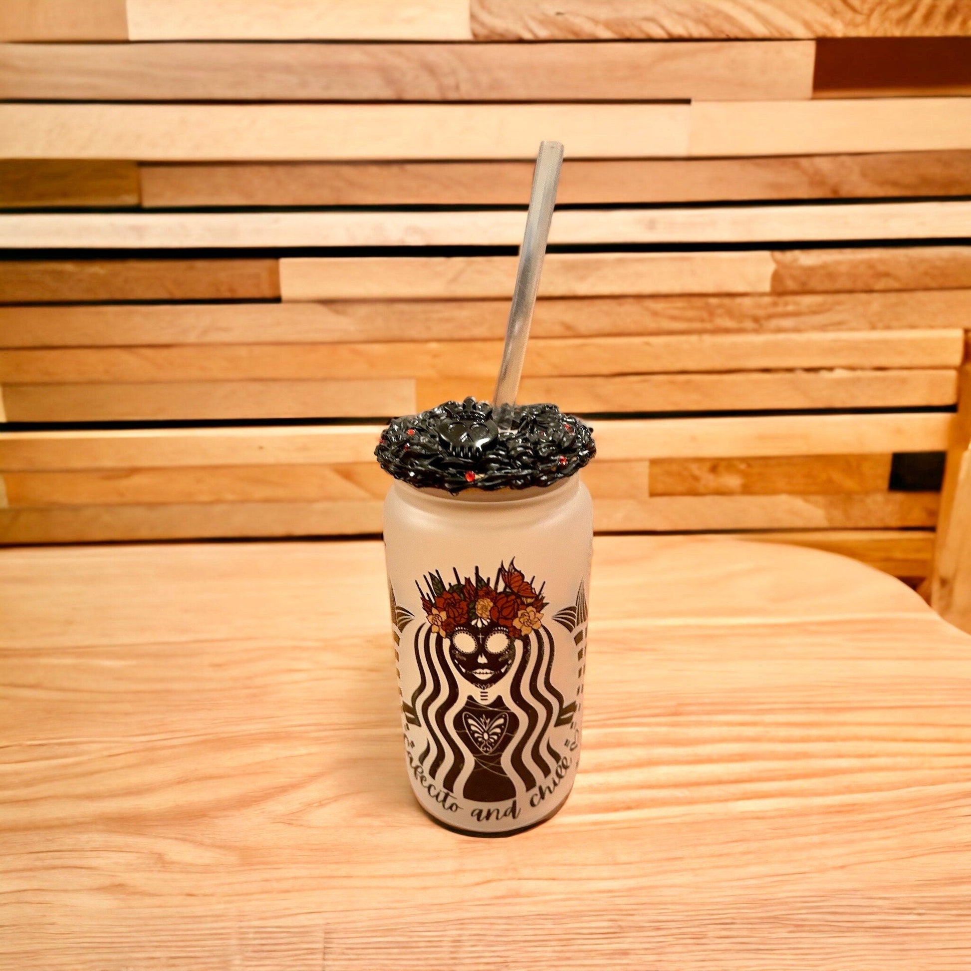 Glass Tumbler Black Siren Coffee Logo Goth Catrina 16 oz Iced Coffee Cup Dark Theme with Decorated Lid Gift for Her - The Deco Den