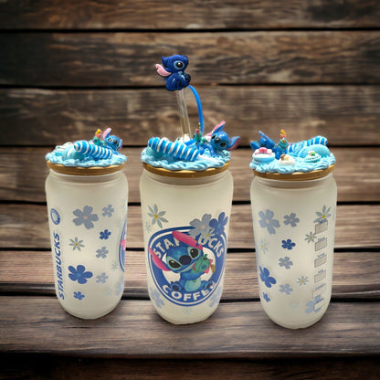 Glass Tumbler Glass Can Blue Alien Coffee 16 oz Glass Cup Iced Coffee Glass Tumbler Glass Cup Decorated Bamboo Icing - The Deco Den