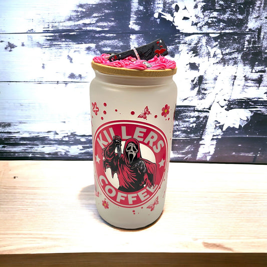 Glass Tumbler Glass Can Scary Movie 16 oz Horror Movie Glass Hot Pink Tumbler Decorated Lid Gift for Scary Movie Fan Horror Lover - The Deco Den