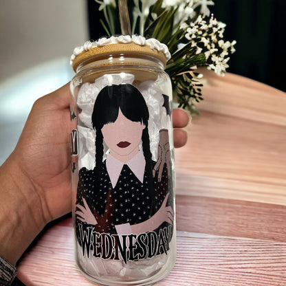 Glass Tumbler Goth Girl Iced Coffee Cup 16 oz Goth Glass Can with Decorated Bamboo Lid and Reusesble Straw Gift for Her - The Deco Den