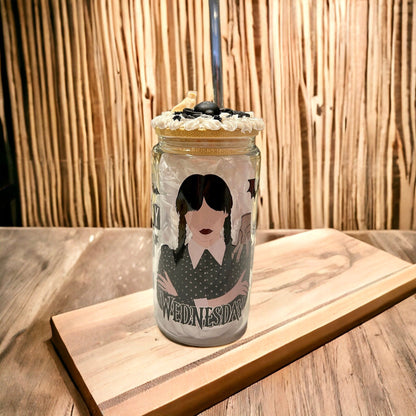 Glass Tumbler Goth Girl Iced Coffee Cup 16 oz Goth Glass Can with Decorated Bamboo Lid and Reusesble Straw Gift for Her - The Deco Den