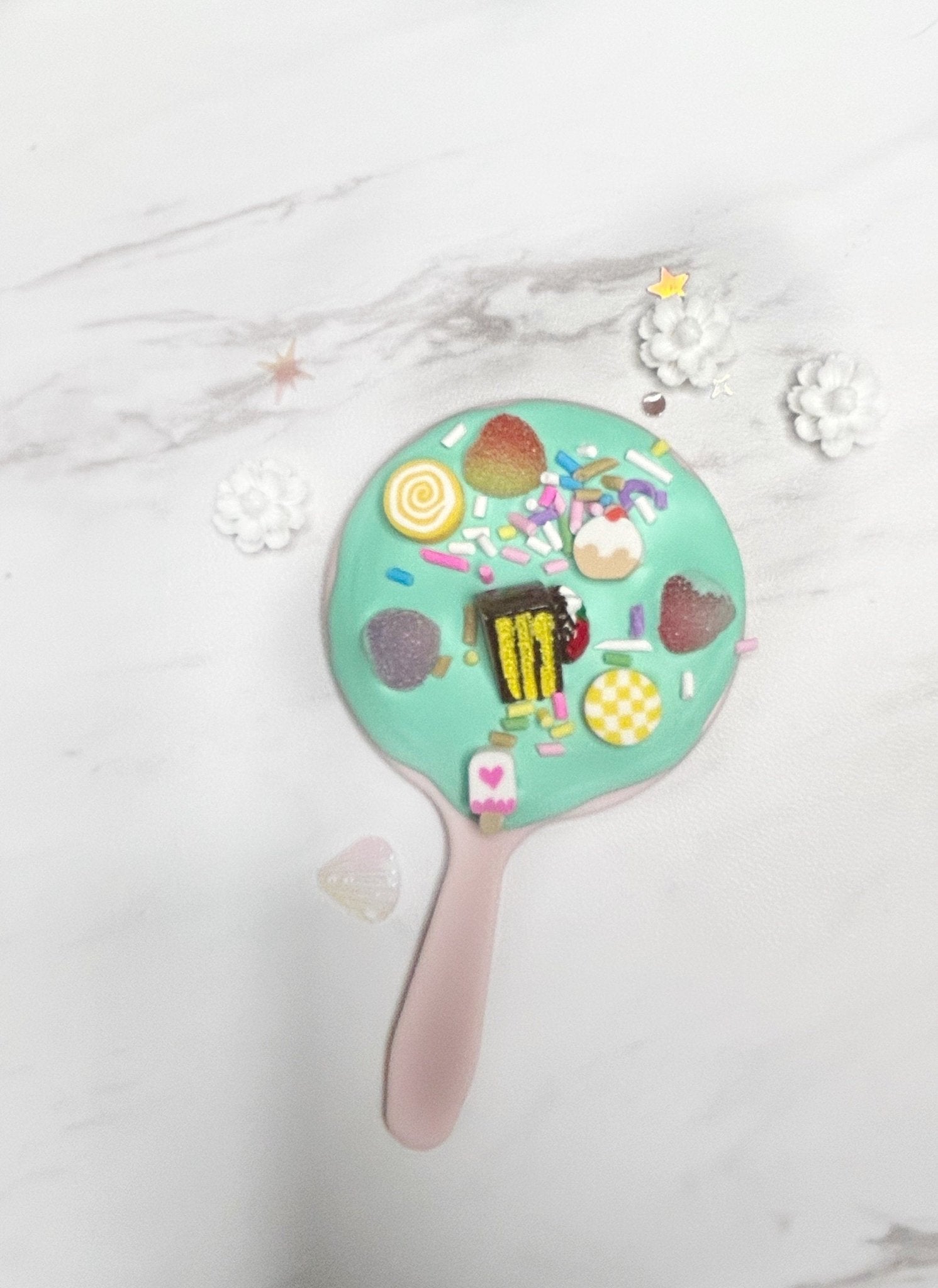 Kawaii Handmade Handheld Mirror , Enchanting Decoden Travel Mirror: Colorful Charms & Whimsical, Back to School, Unique Gift for Her - The Deco Den
