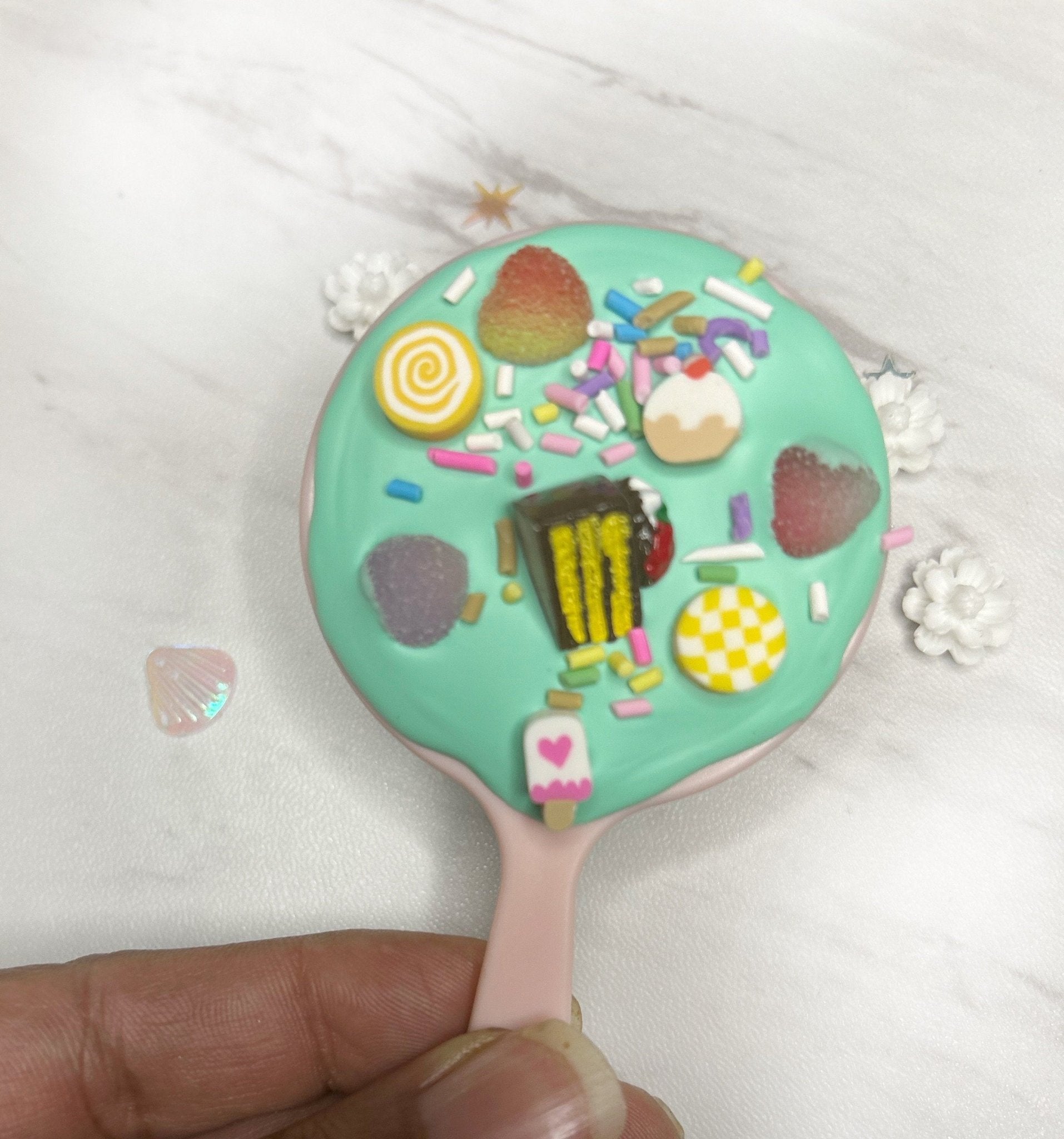 Kawaii Handmade Handheld Mirror , Enchanting Decoden Travel Mirror: Colorful Charms & Whimsical, Back to School, Unique Gift for Her - The Deco Den