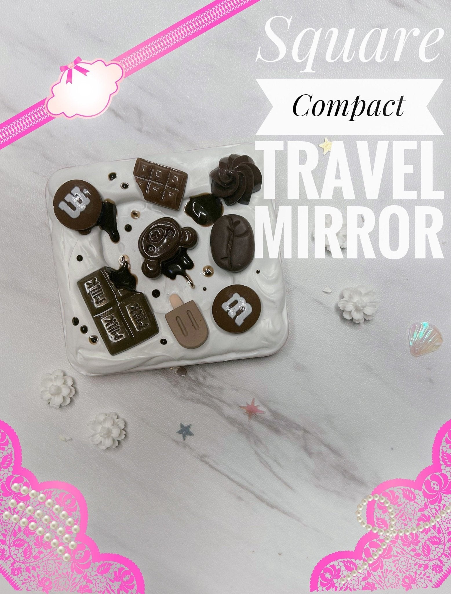 Kawaii Square Compact Mirror , Handmade Decoden Travel Mirror: Chocolate Charms - The Deco Den