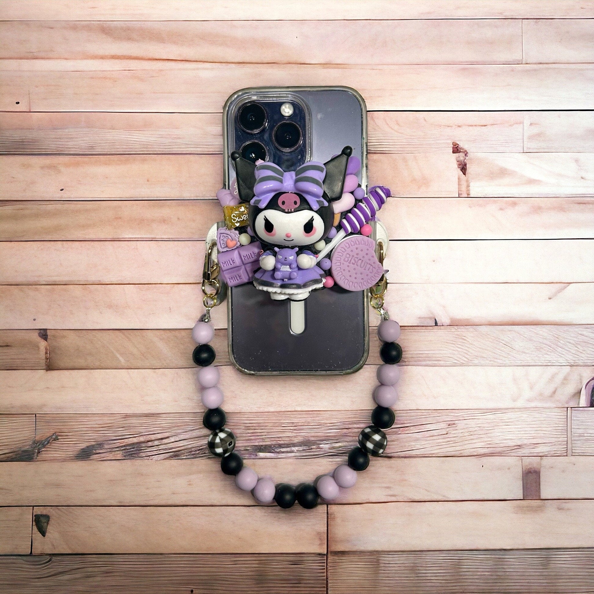 Kuromi Decoden Phone Back Clip Cute Beaded Gothic Decoden Phone Clip Kawaii Cute Case Goth for any Case Model Kuromi Fan Case - The Deco Den