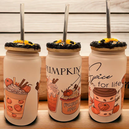 Pumpkin Spice Lover Glass Cup Can, Fall Iced Coffee Cup | Glass Cup w/ Decorative Bamboo Lid | 16 oz Glass Can | Halloween Beer Can - The Deco Den