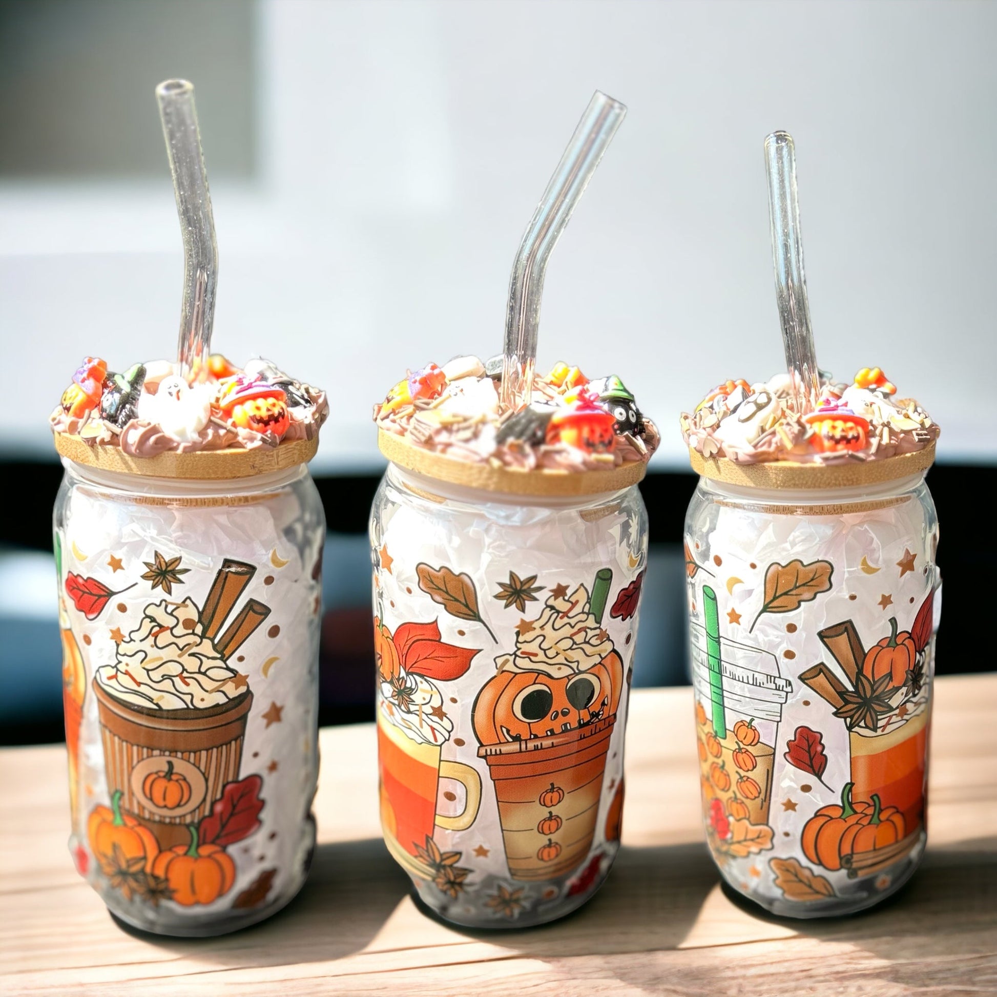 Spooky Iced Coffee Cup | Glass Cup w/ Decoden Bamboo Lid | 16 oz Glass Can | Dia De Los Muertos - The Deco Den