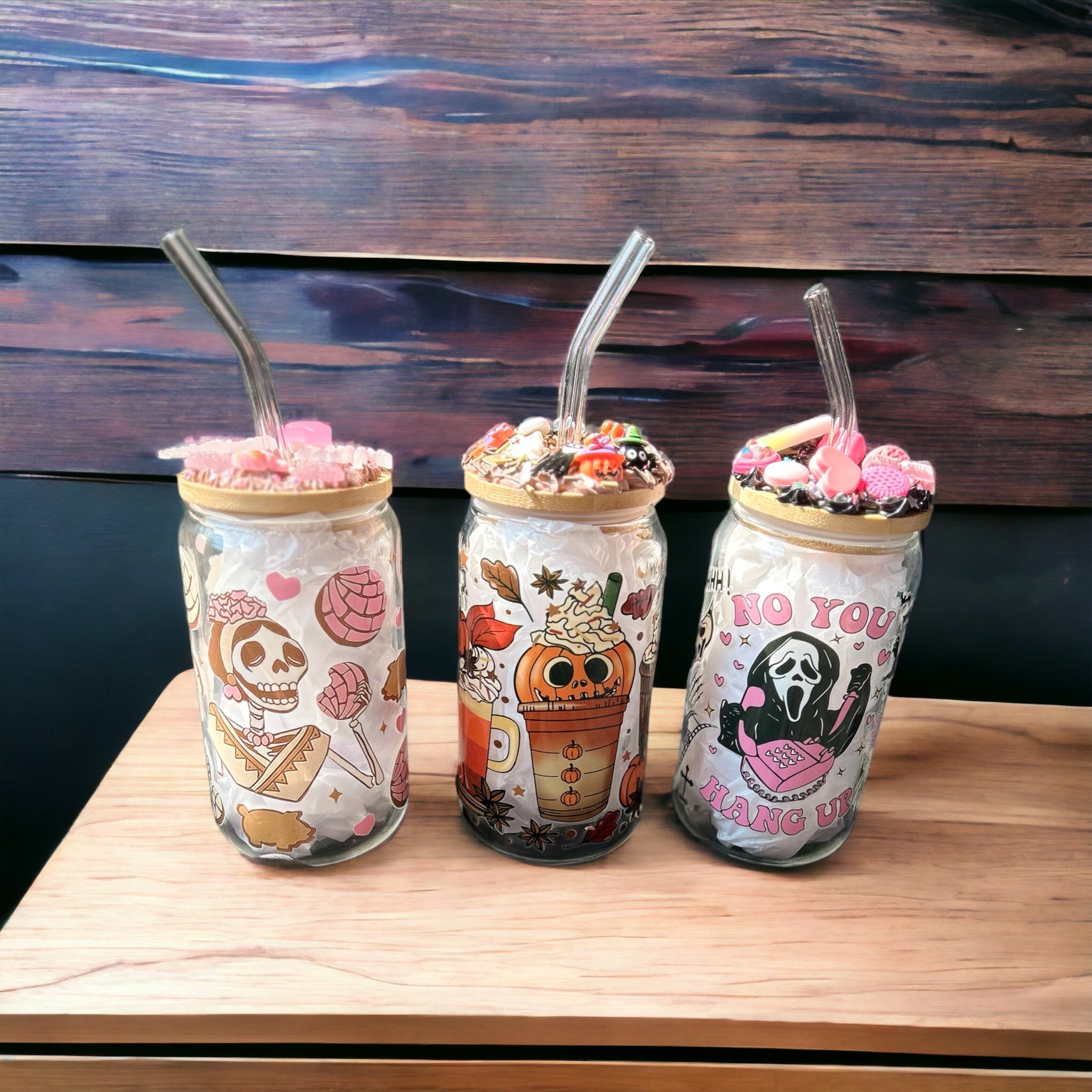 Spooky Iced Coffee Cup | Glass Cup w/ Decoden Bamboo Lid | 16 oz Glass Can | Dia De Los Muertos - The Deco Den