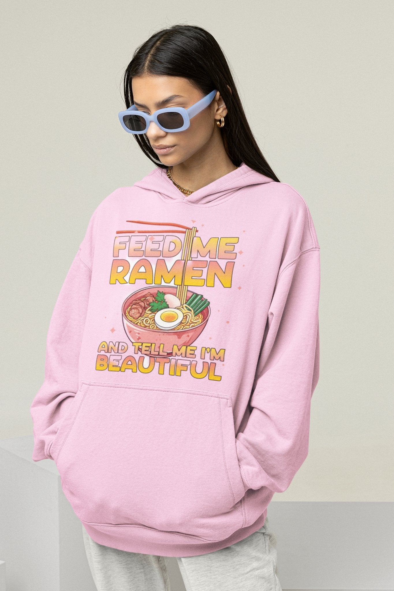 Super Soft Pink Hoodie - “Feed Me Ramen and Tell Me I’m Beautiful” Kawaii Design - The Deco Den