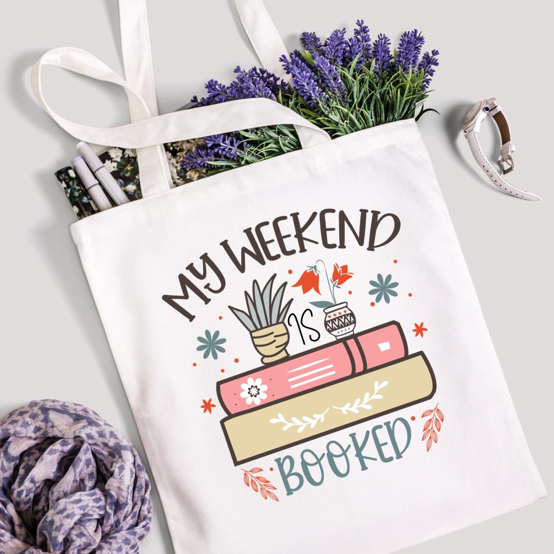 Tote Bag Book Lover Weekend is Booked Kawaii Carryall Clever Bookbag - The Deco Den