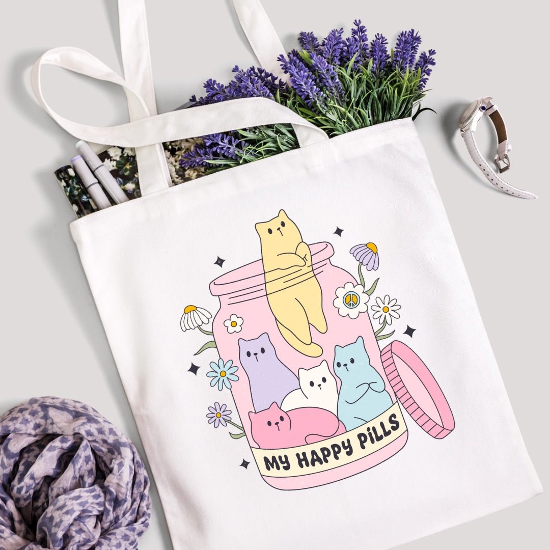 Tote Bag Cat Lover Happy Pills Kawaii Carryall Kitty Bookbag - The Deco Den