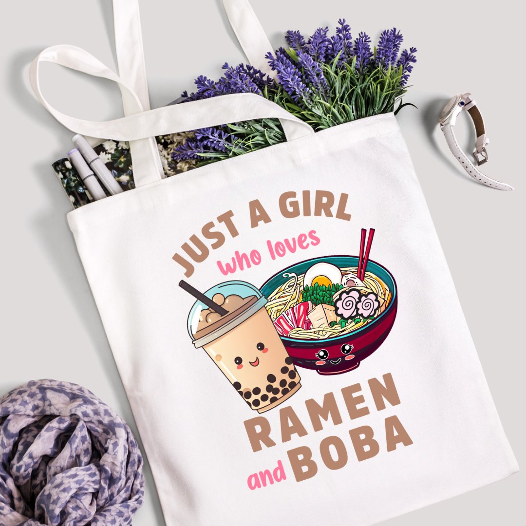 Tote Bag Ramen and Boba Lover Just a Girl Who Loves Ramen and Boba Kawaii Carryall Clever Bookbag - The Deco Den